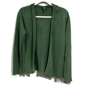 Eileen Fisher 100% Linen Open Front Green Sweater with Hoodie Size Medium